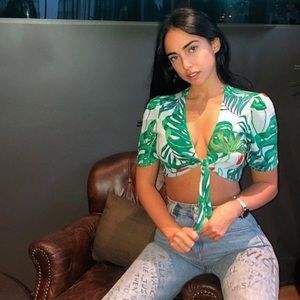 Zara Tie Front Tropical Print Blouse